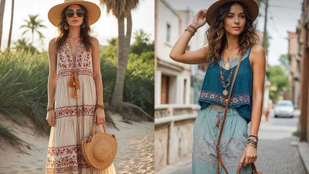 a collage of a woman wearing a hat and a dressEstilo Boho Chic: Como Se Vestir com Elegância e Autenticidade