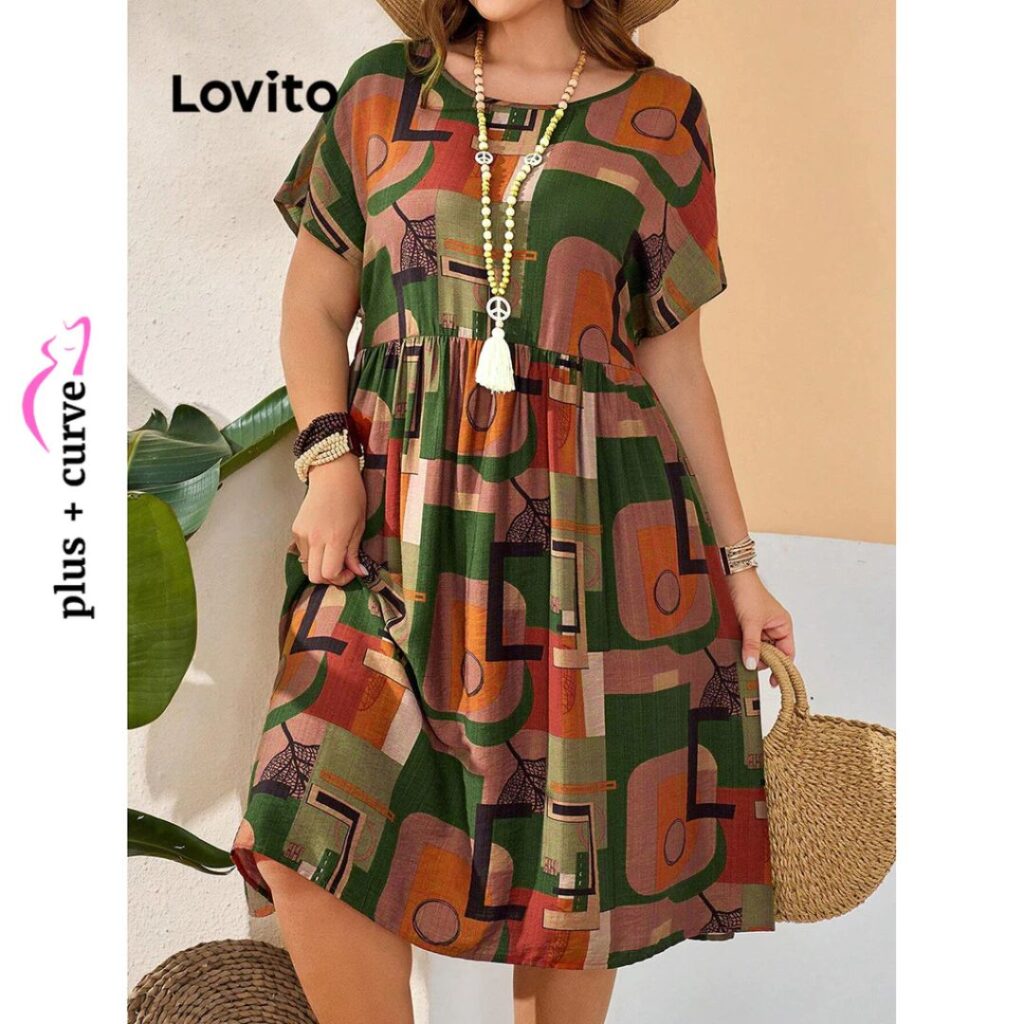moda plus size vestido estampa geométrica