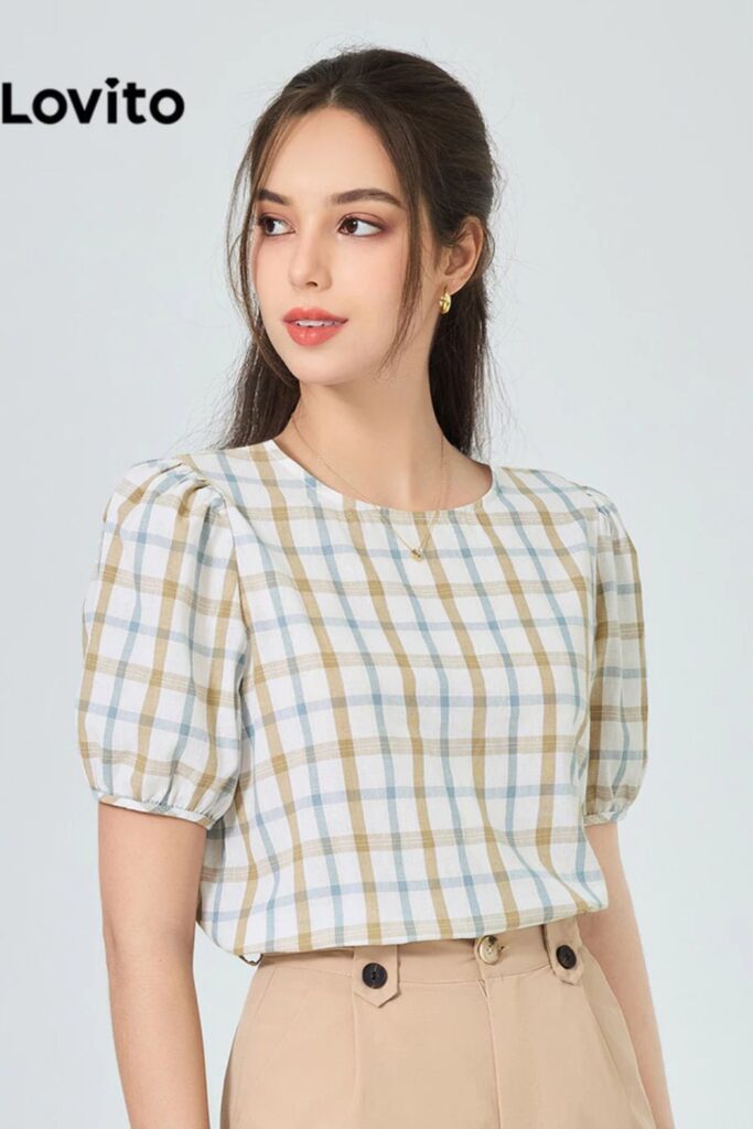 Como Usar Marrom - Blusa elegante xadrez manga bufante