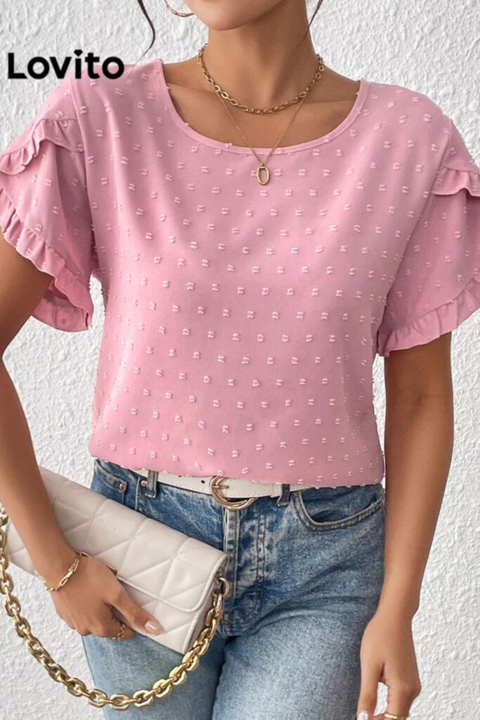Como combinar rosa - Blusa feminina elegante lisa com babados de camada