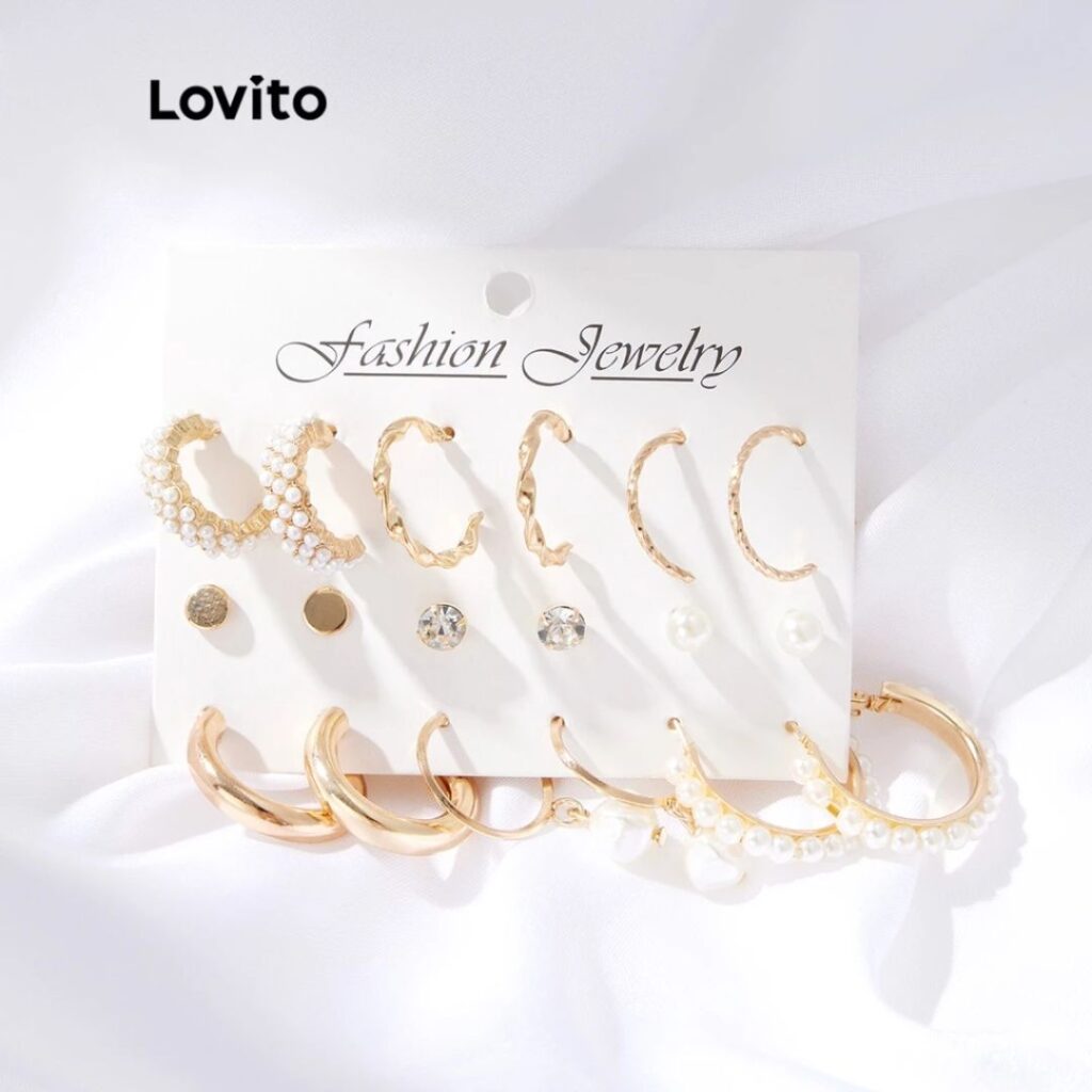 9 Pçs Brinco de Metal Elegante com Glitter e Pérolas 