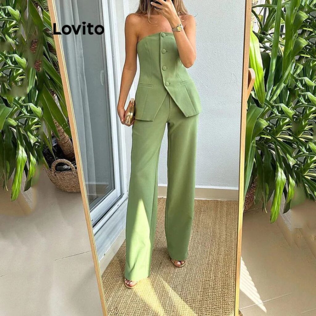 Elegante Conjunto Feminino com Calça Lisa com Botão