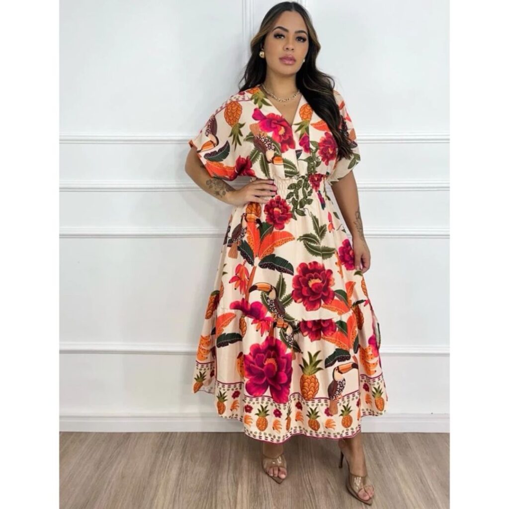 Vestido Midi Inspiração em estampas tropicais Vestido Midi Inspiração em estampas tropicais