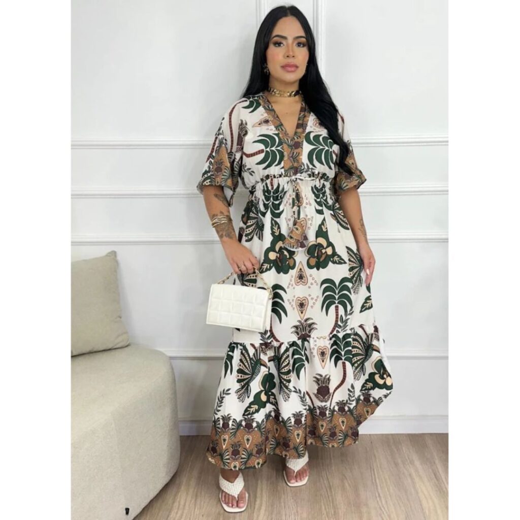 Vestido Midi Inspiração em estampas tropicais Vestido Midi Inspiração em estampas tropicais