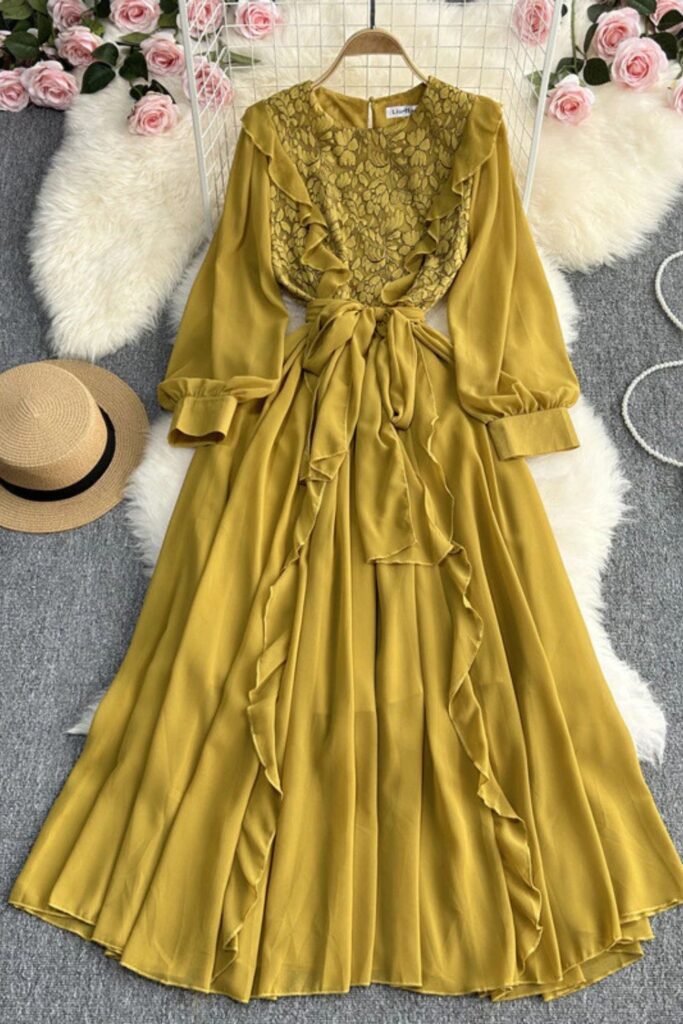 Vestido Outono Nova Manga Longa Babados Cintura Alta