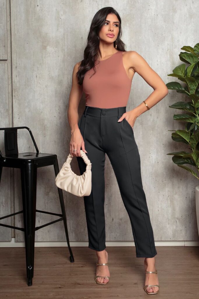 Calça social feminina alfaiataria com risco reta elegante feminino cintura alta