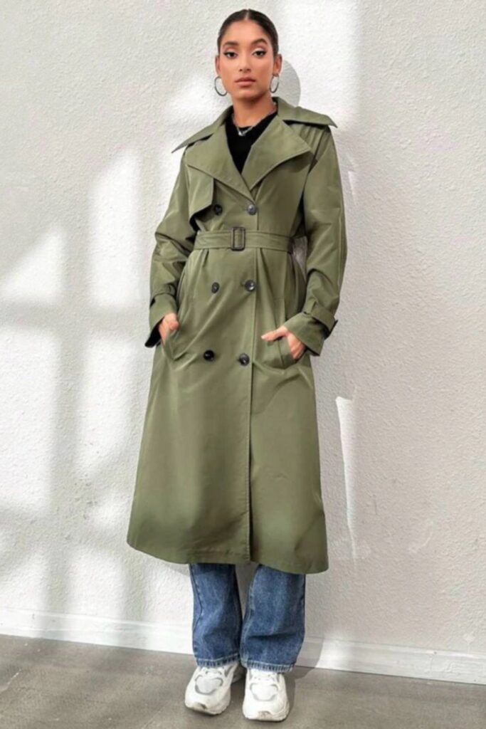 Casaco Trench Coat Feminino Elegante Com Gola Virada