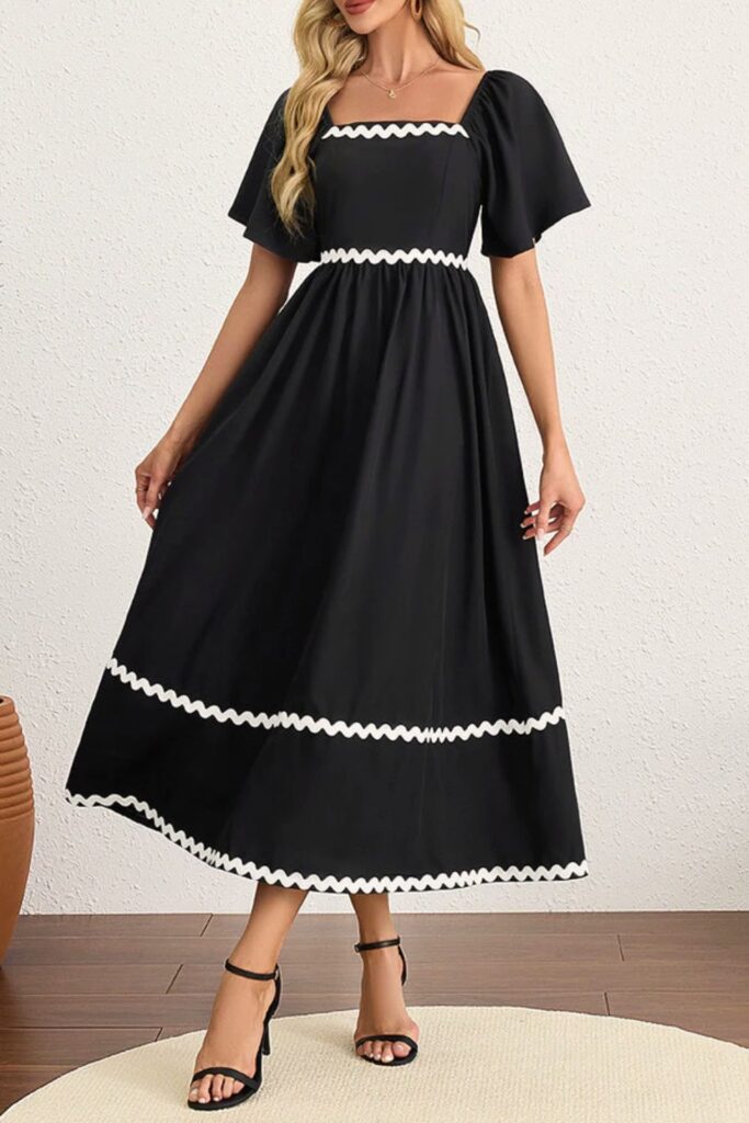 Quais Cores Combinam com Preto - Vestido elegante liso com babados Quais Cores Combinam com Preto - Vestido elegante liso com babados