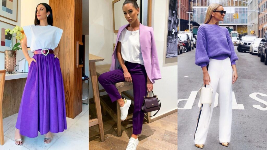 Quais cores combinam com roxo - look roxo + branco Quais cores combinam com roxo - look roxo + branco