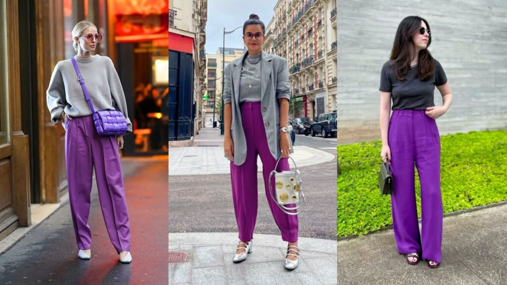 Quais cores combinam com roxo - look roxo + cinza Quais cores combinam com roxo - look roxo + cinza