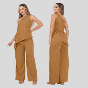 Conjunto Nula Manga Caimento Assimétrico Caramelo