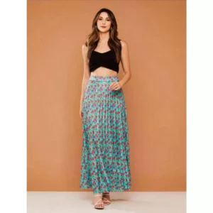 Saia Plissada Longa Floral Azul