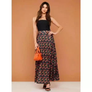 Saia Plissada Longa Floral Preta