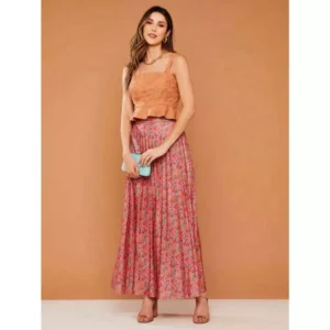 Saia Plissada Longa Floral Rosa