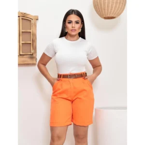 Short Alfaiataria Alongada Com Cinto Laranja