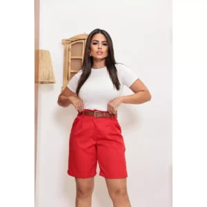 Short Alfaiataria Alongada Com Cinto Vermelho