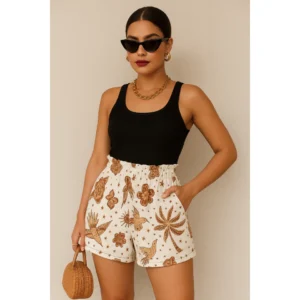 Short Feminino Estampado Branco e Marrom
