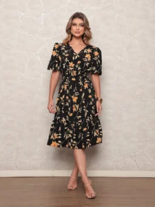 Vestido Feminino Floral Preto