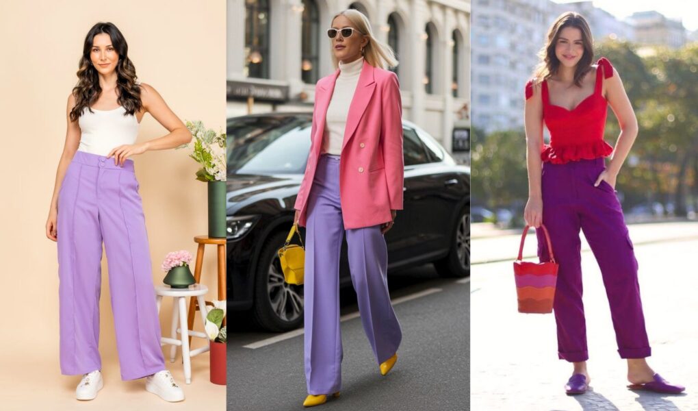 Looks com Calça Roxa Lilás, Ameixa, Escuro e Lavanda