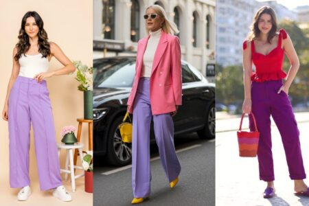 Looks com Calça Roxa Lilás, Ameixa, Escuro e Lavanda