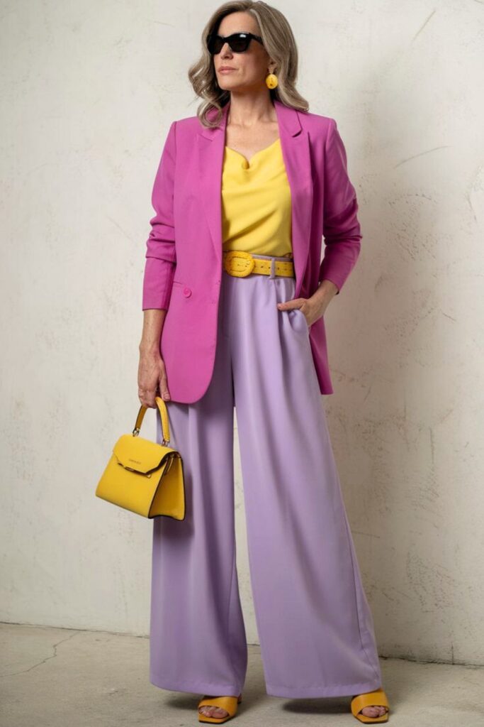 Looks com Calça Roxa - calça lavanda com blusa amarela Looks com Calça Roxa - calça lavanda com blusa amarela