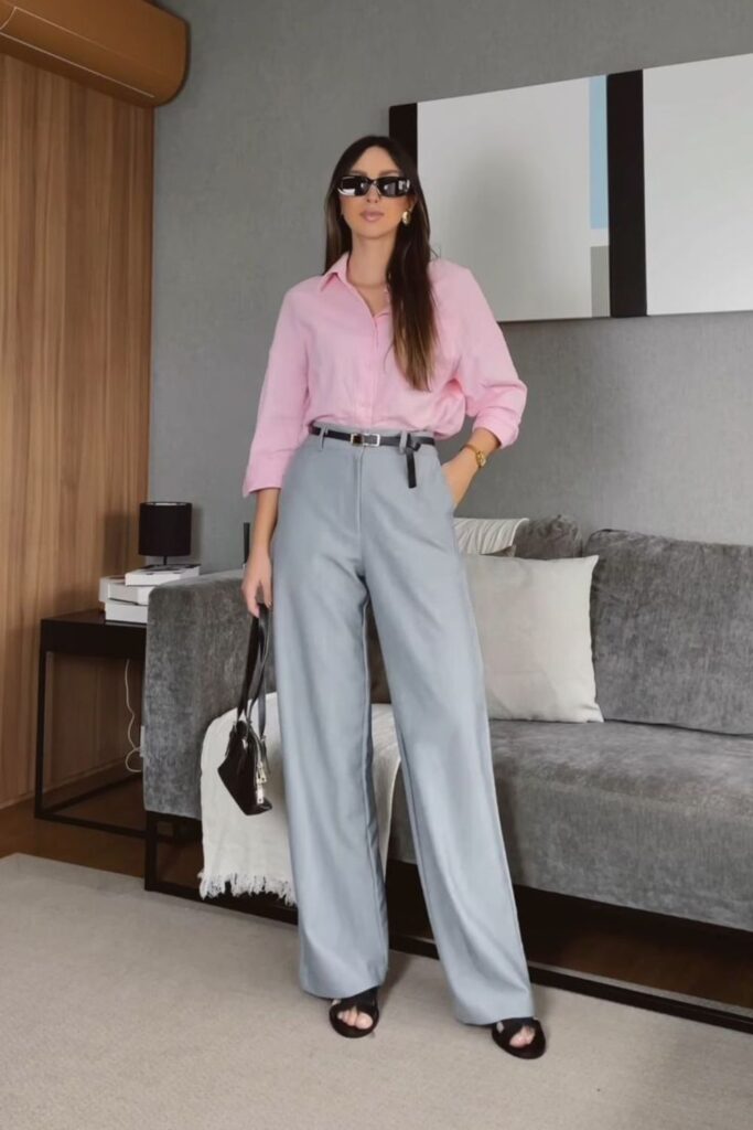 Looks com calça cinza - calça cinza e blusa rosa Looks com calça cinza - calça cinza e blusa rosa