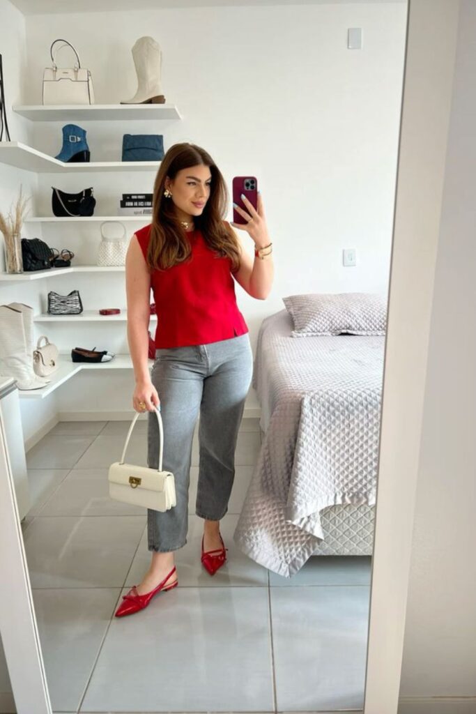 Looks com calça cinza - calça cinza e blusa vermelha Looks com calça cinza - calça cinza e blusa vermelha